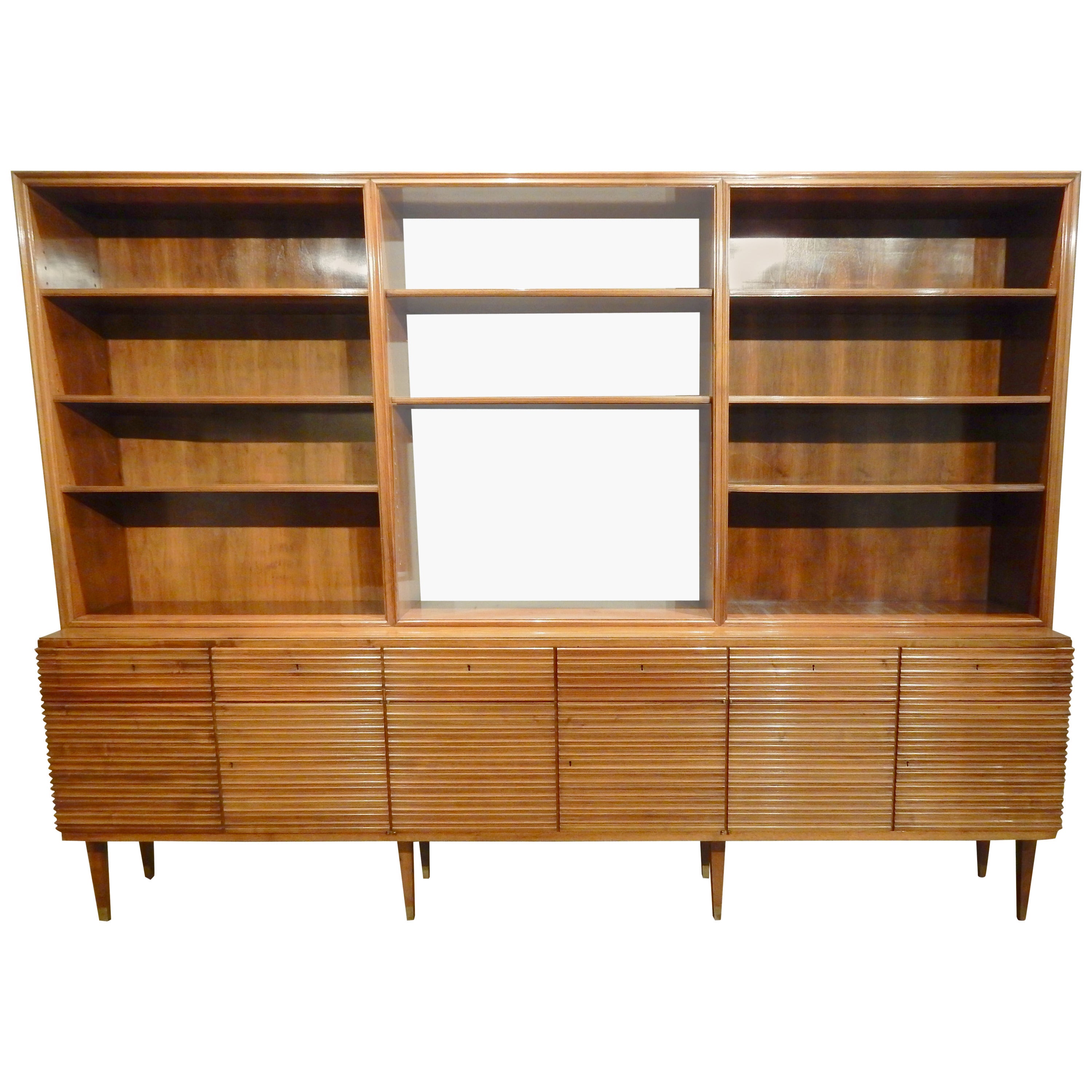 Italian Mid-Century Modern Walnut Bookcase Cabinet For Sale