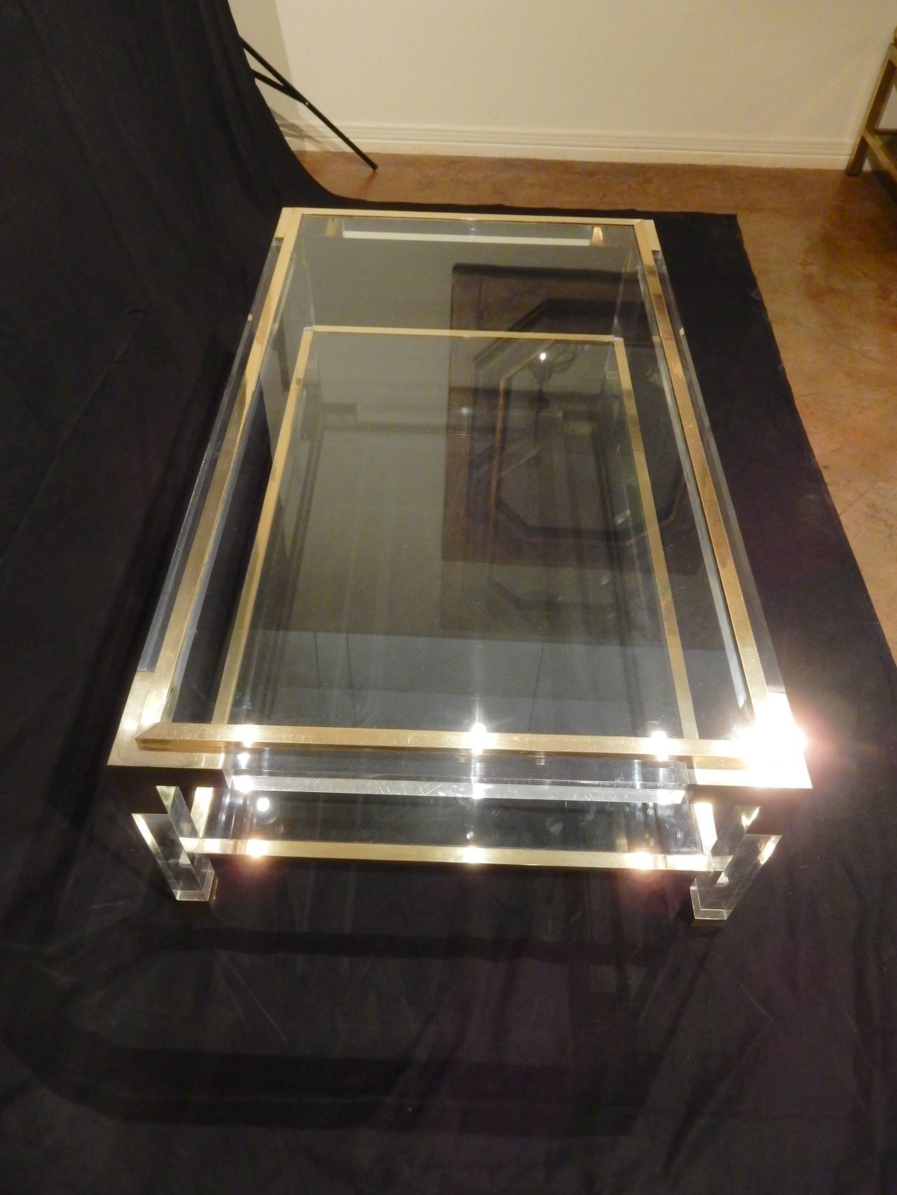 Mid-Century Modern Vintage Brass, Lucite and Glass Coffee Table For Sale