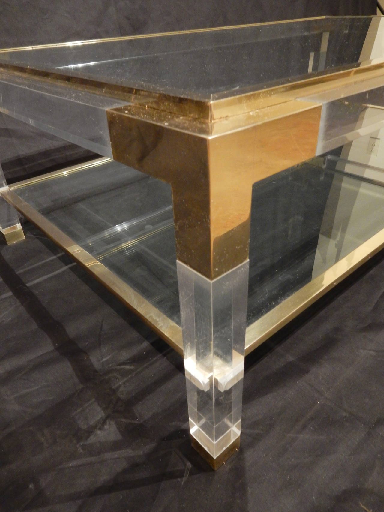 20th Century Vintage Brass, Lucite and Glass Coffee Table For Sale