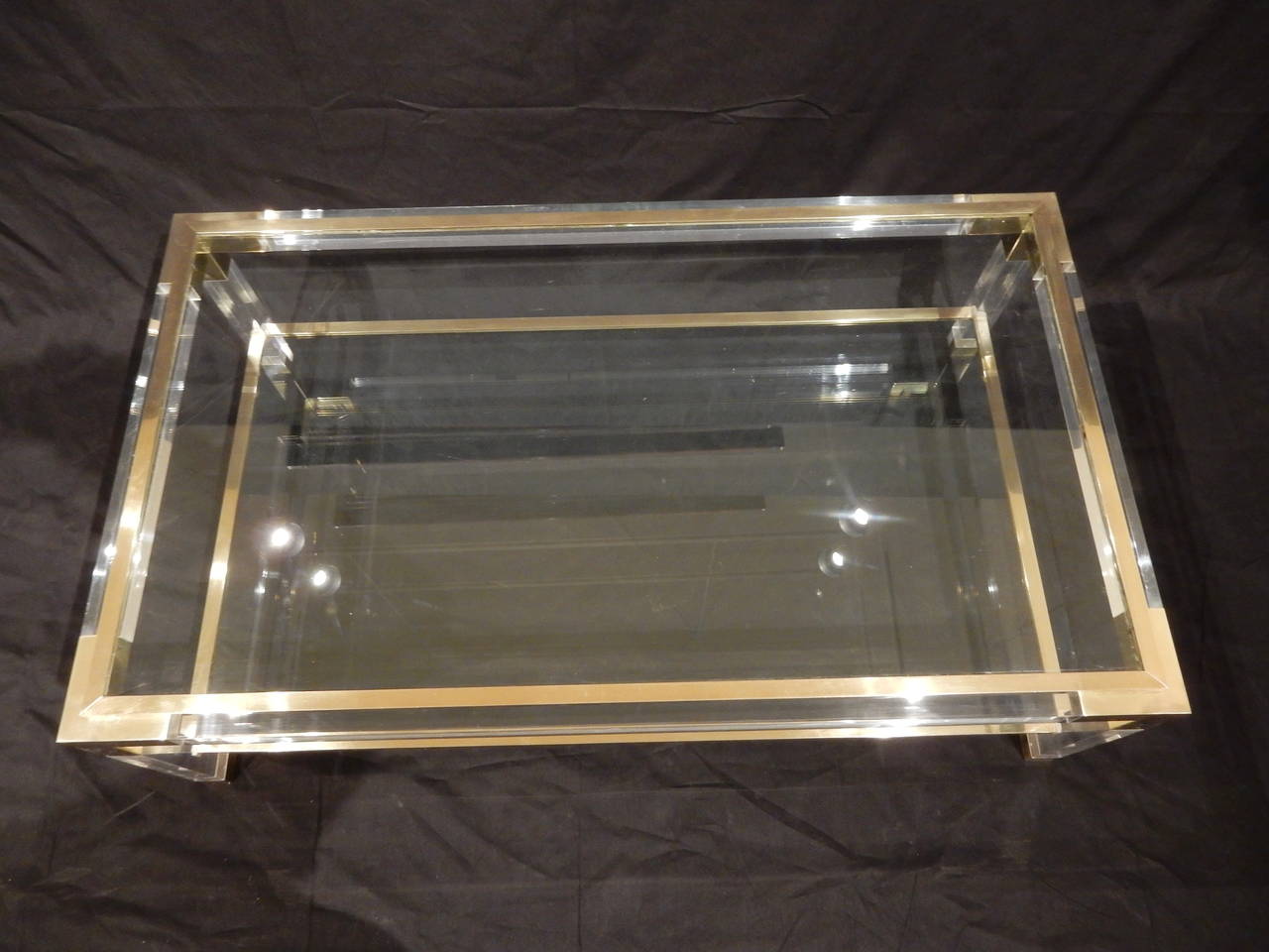 French Vintage Brass, Lucite and Glass Coffee Table For Sale