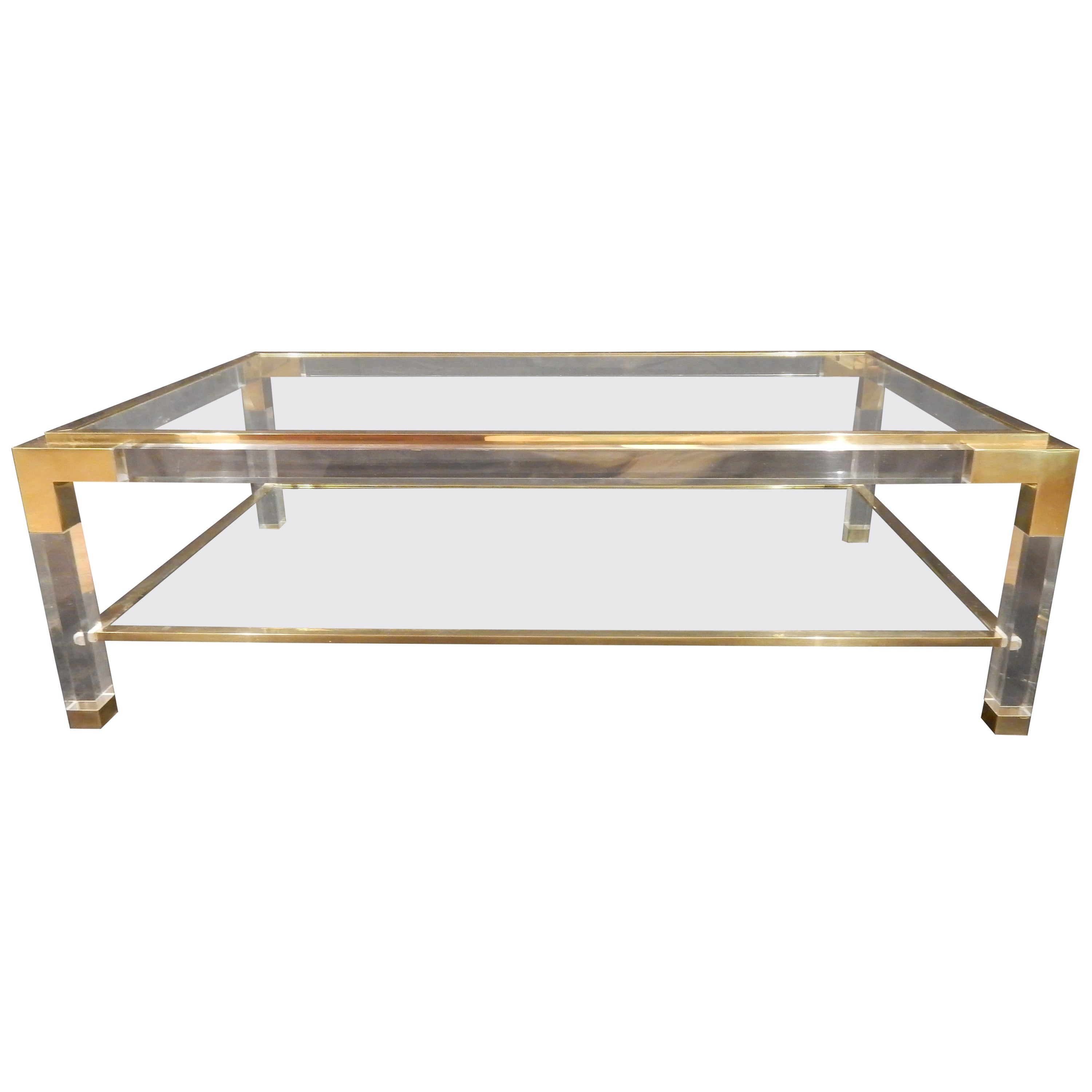Vintage Brass, Lucite and Glass Coffee Table For Sale