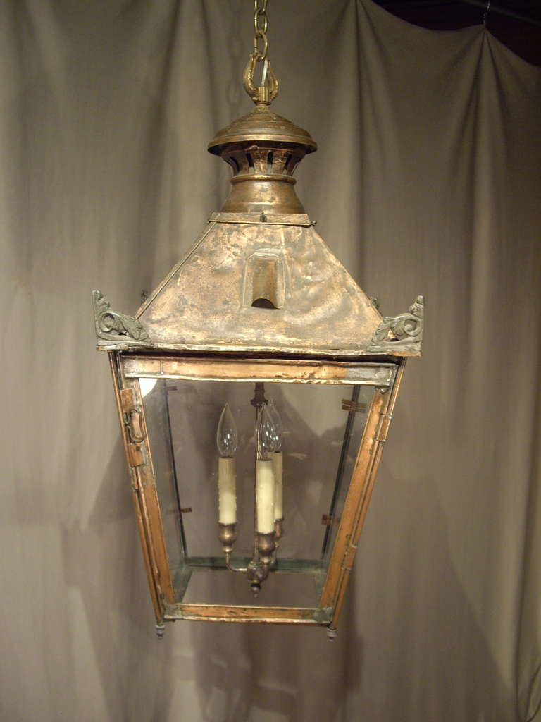 19th century French copper gas lantern converted to electric light.
