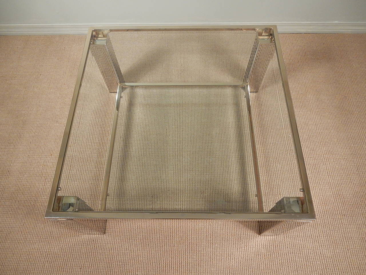 Mid-Century Modern Square Chrome, Glass and Brass Trimmed Coffee Table For Sale