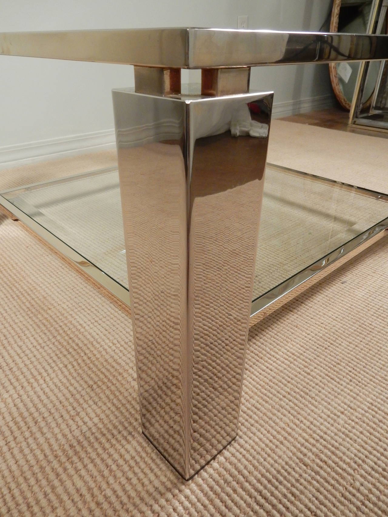 French Square Chrome, Glass and Brass Trimmed Coffee Table For Sale