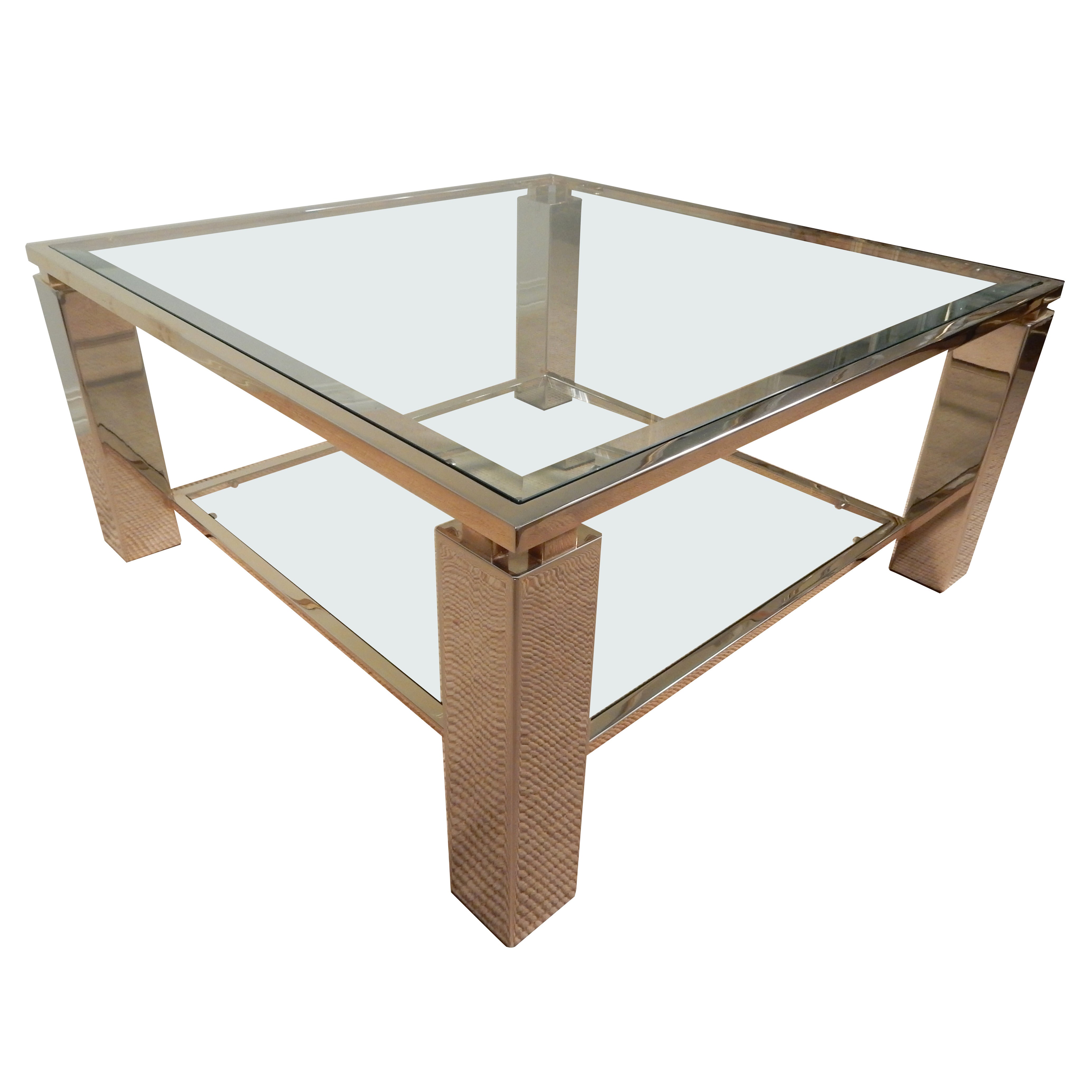 Square Chrome, Glass and Brass Trimmed Coffee Table For Sale
