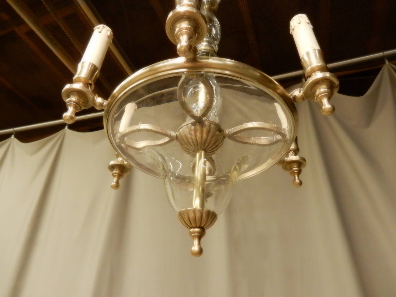 Very nice late 19th c. glass and brass European 6-lite chandelier. Has been rewired for U.S.  Comes with canopy that is 4 
