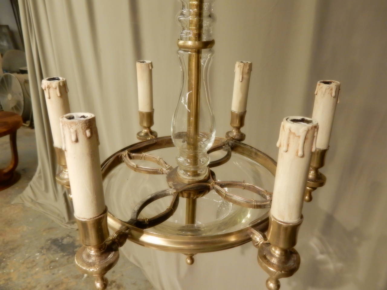 19th Century Brass and Glass Six-Light Chandelier For Sale