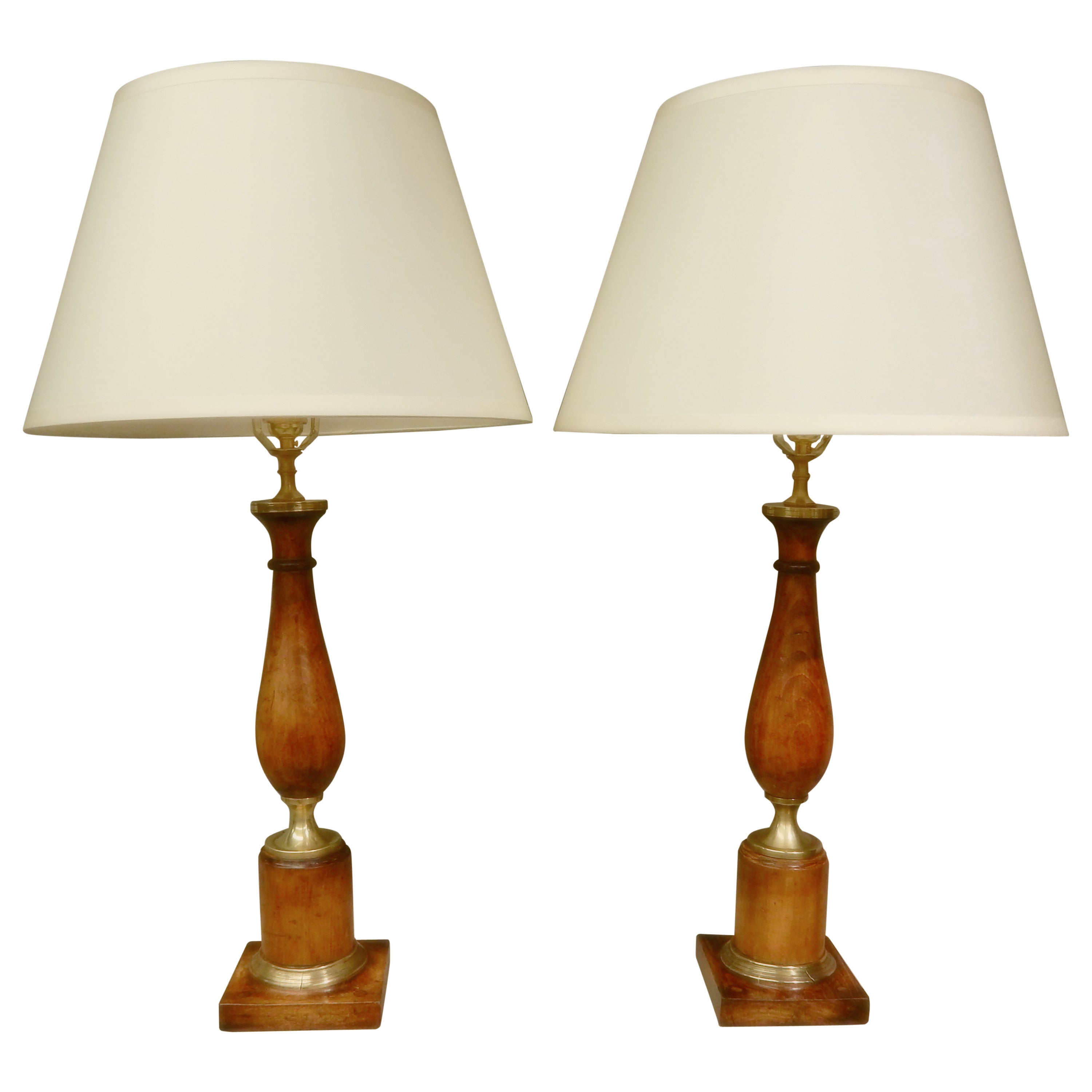 Pair of Vintage Quality Wood and Brass French Lamps