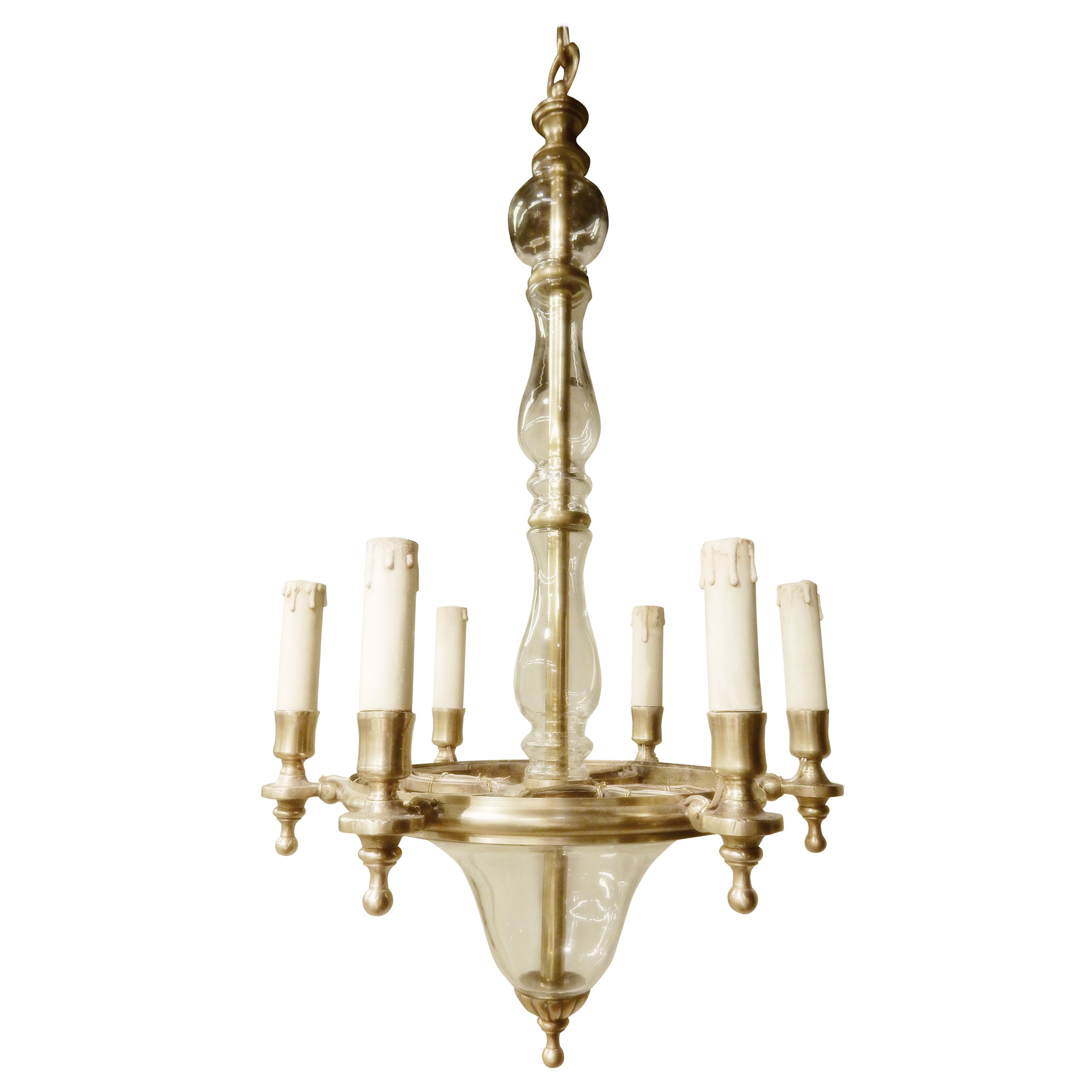 Brass and Glass Six-Light Chandelier For Sale
