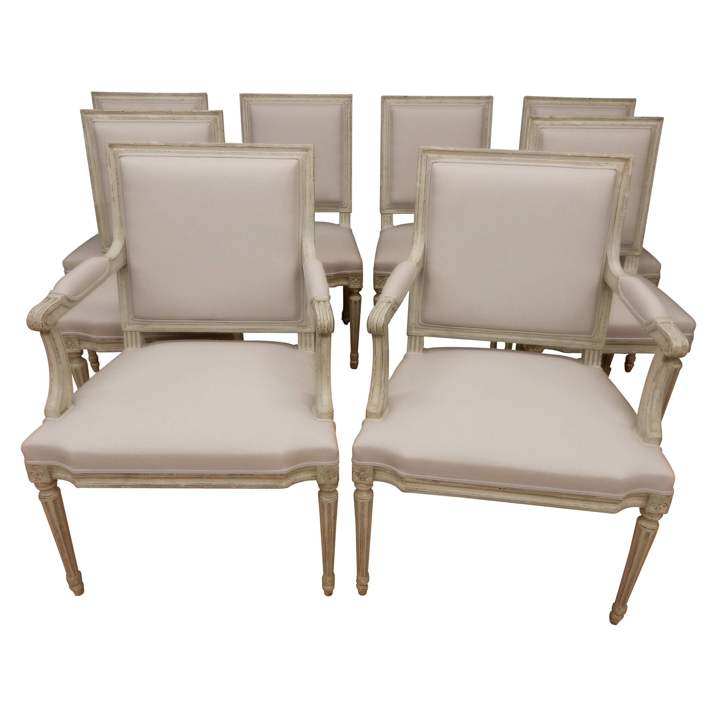 Set of 8 Louis XVI style painted dining chairs For Sale