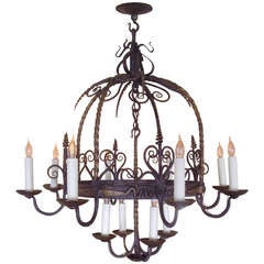 Antique Unusual Provincial Wrought Iron 12-Light Chandelier