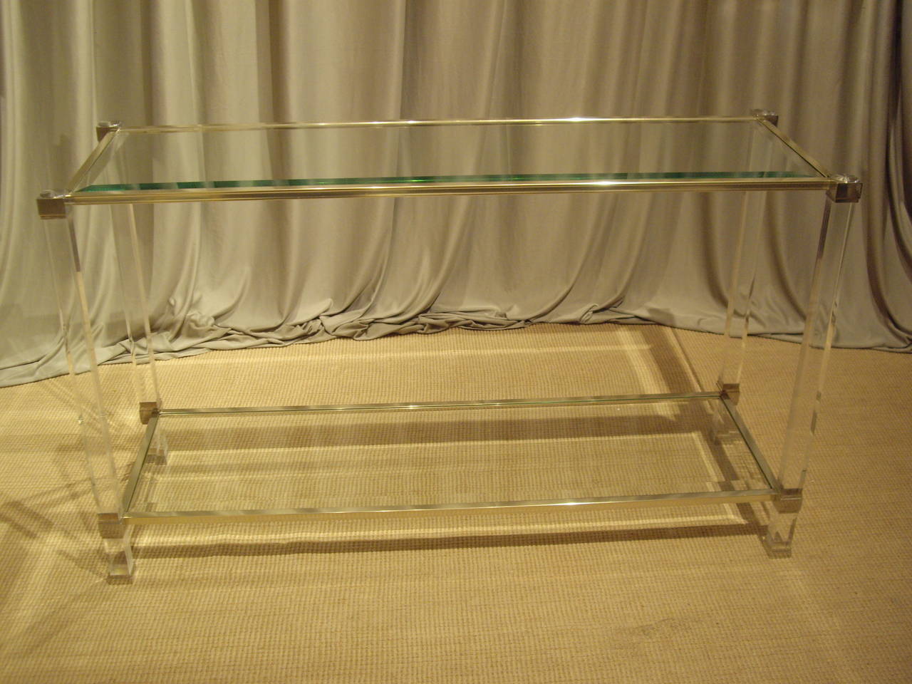 French vintage chrome, Lucite and glass console.