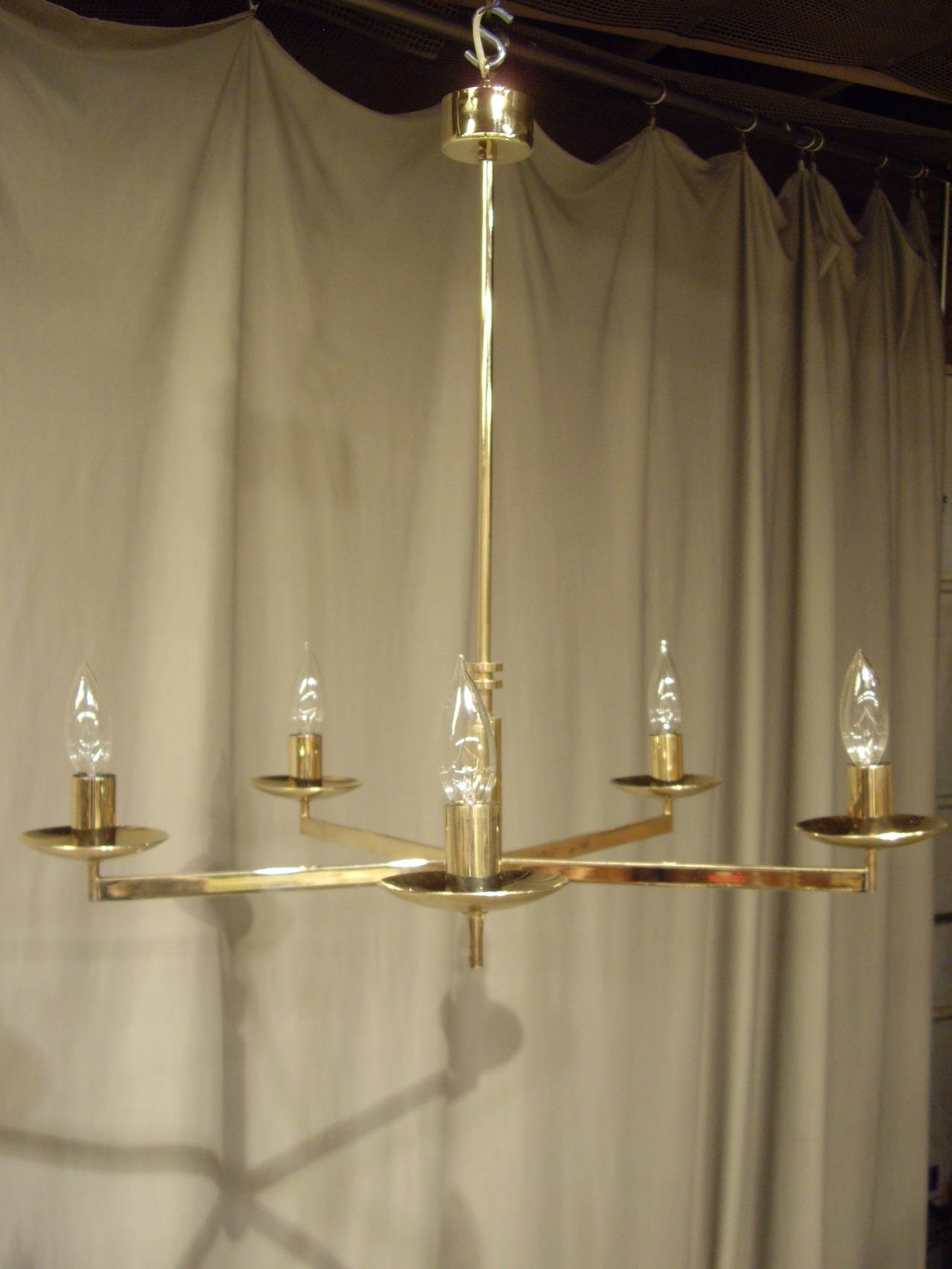 French brass five-light vintage 1950s chandelier.
