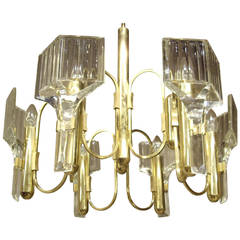 Vintage Six-Light Glass and Brass 1960s Chandelier