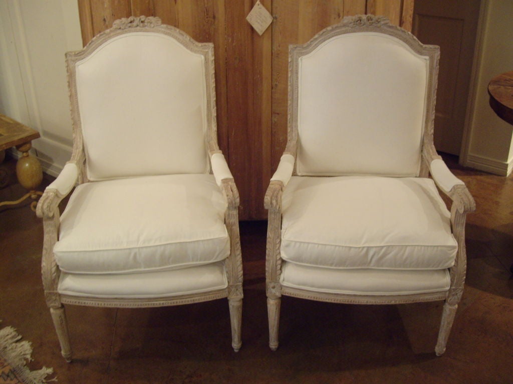 Pair 19th century Louis XVI painted arm chairs