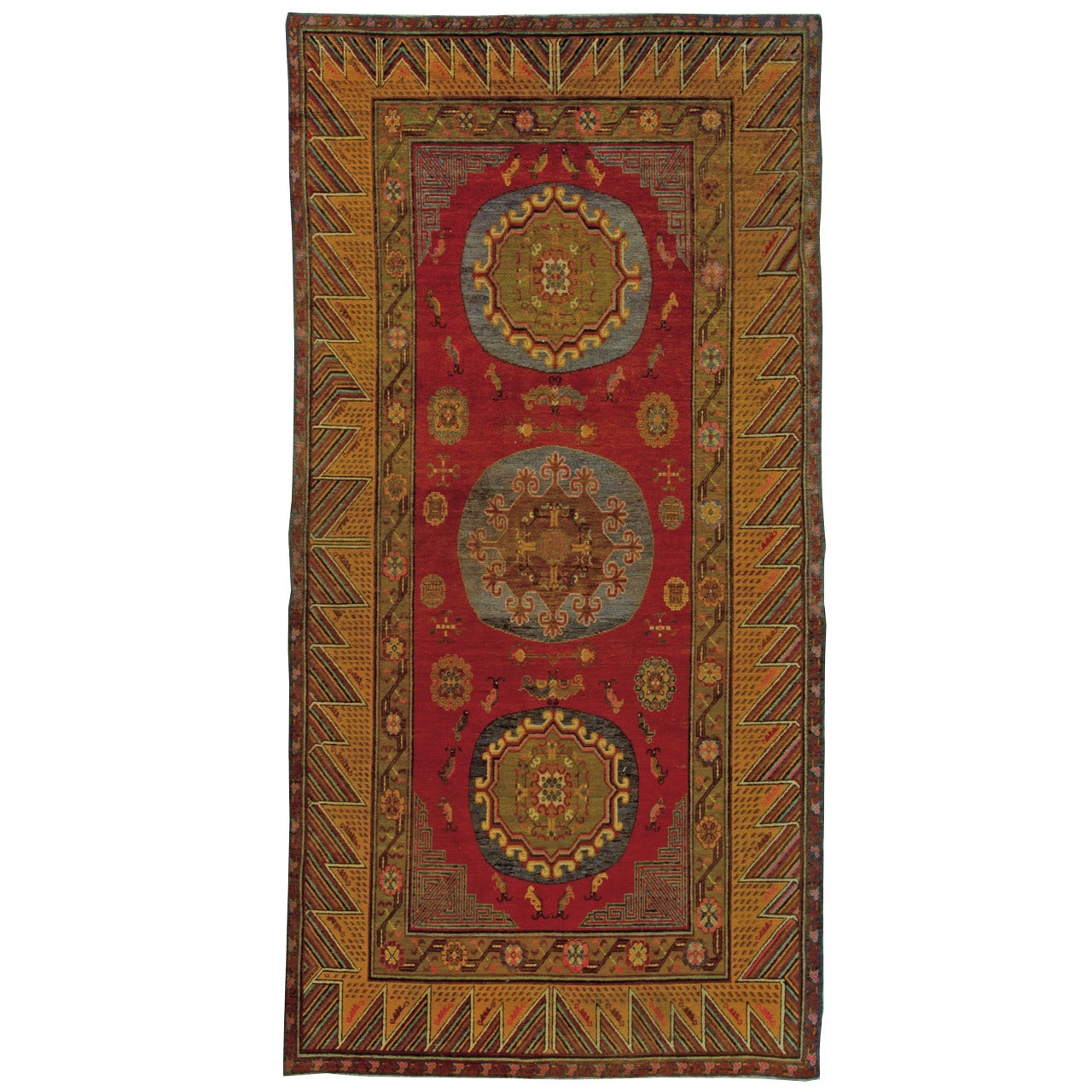 Vintage Samarkand Red, Yellow Handmade Wool Rug For Sale
