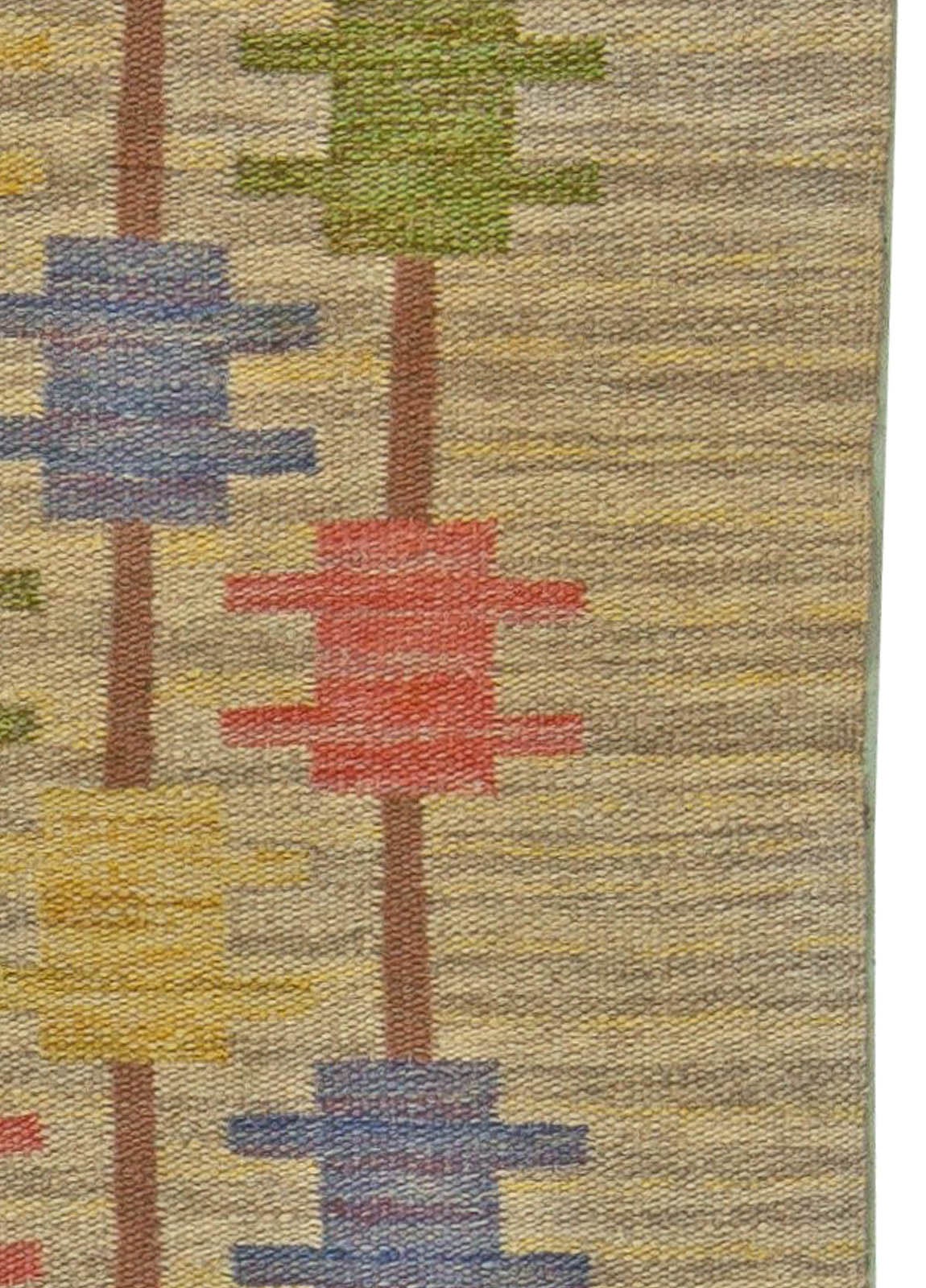 Flat-weave Scandinavian rug with playfully alternating rows of candy colored geometric shapes on a neutral background.