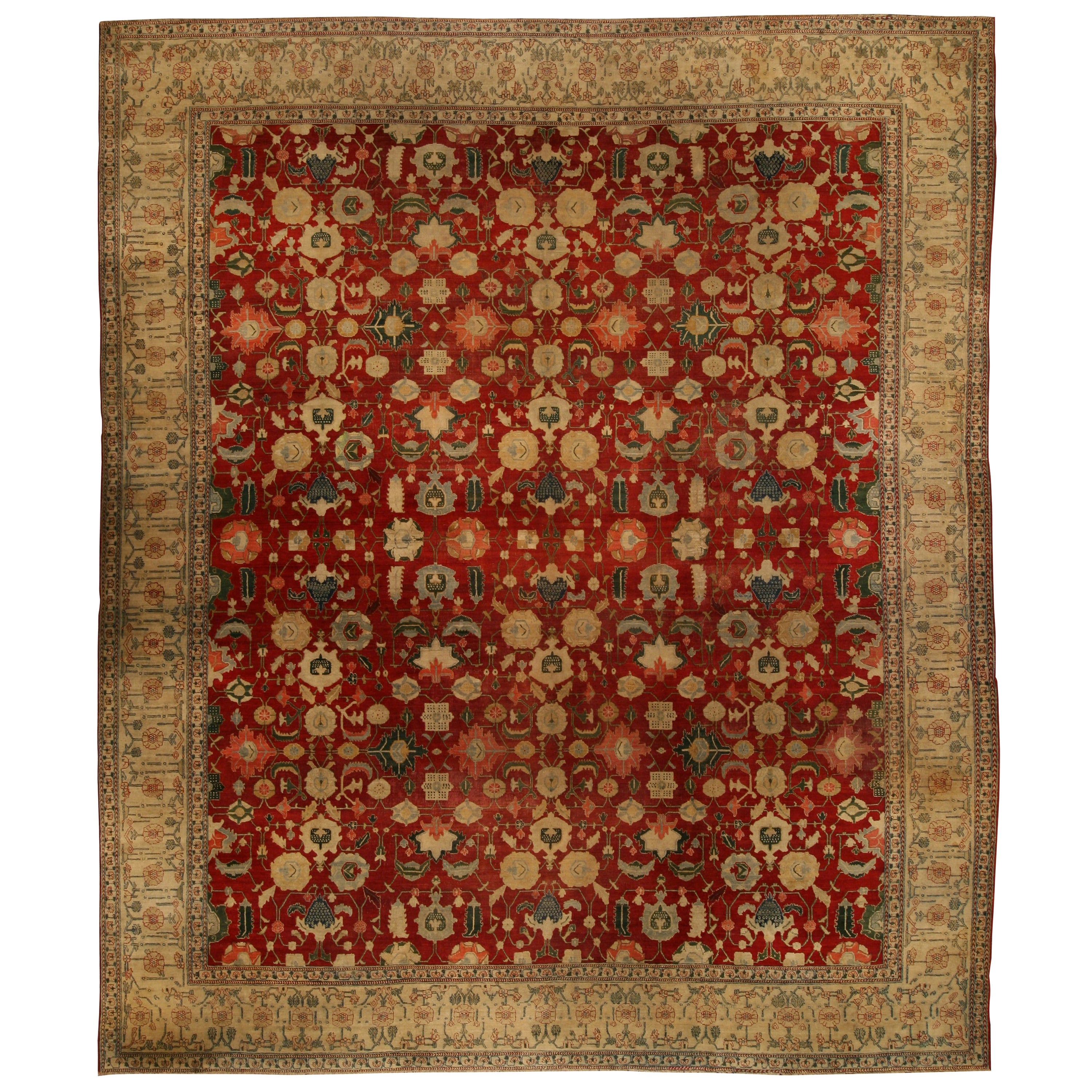 Antique Indian Agra Red Botanic Handmade Wool Rug For Sale