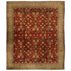 Antique Indian Agra Red Botanic Handmade Wool Rug