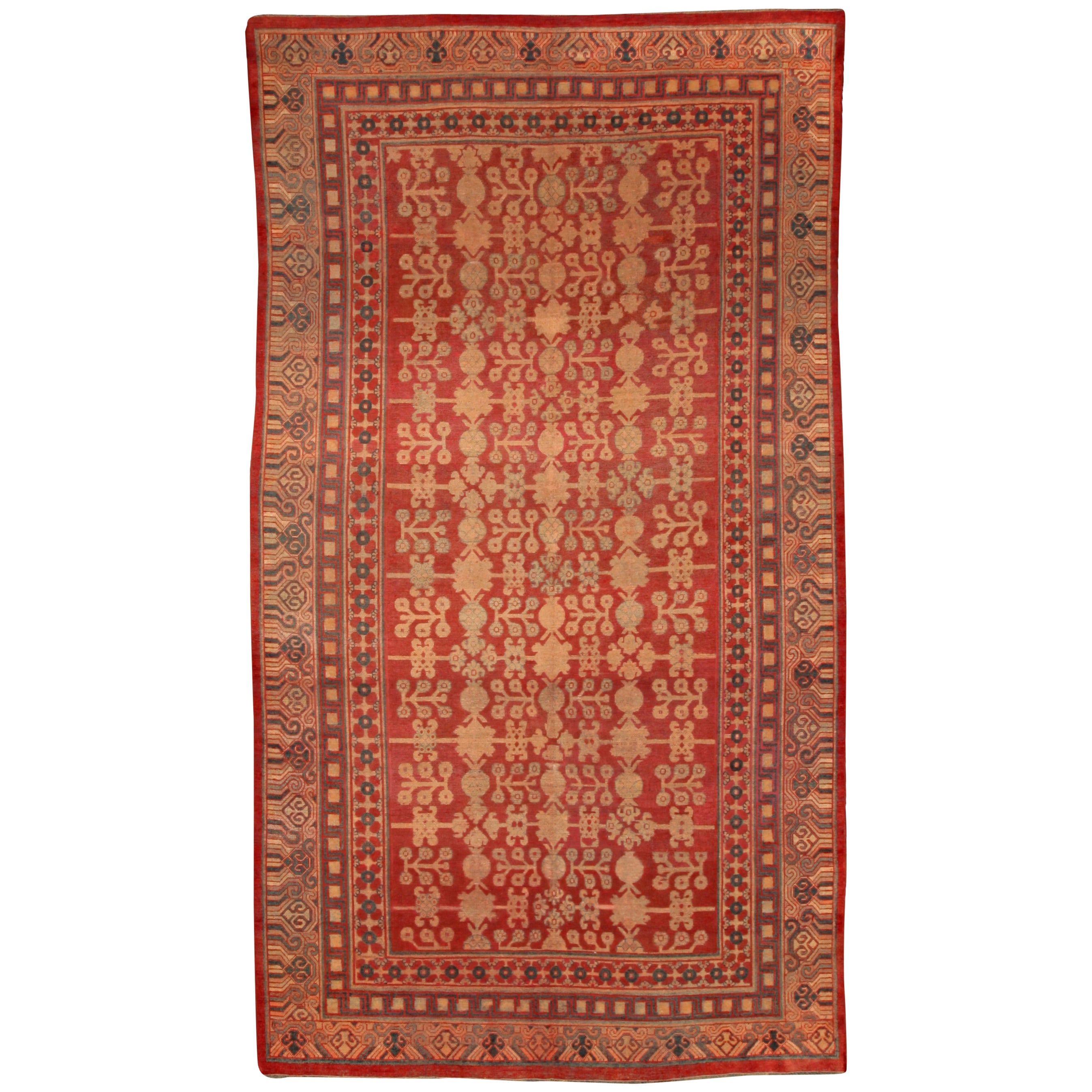 Tapis Samarkand Khotan en soie rouge du 19ème siècle