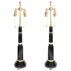 A Fine Pair of French Empire Style Ormolu Mounted Ebony Lamps