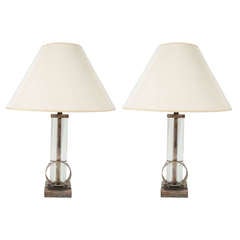 Pair of Art Decco Table Lamps of Nickel and Glass