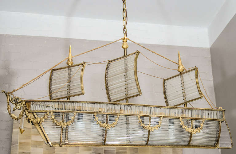 20th Century A Continental Crystal and Gilt-Metal Mounted Ship Chandelier