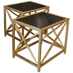 A Pair of Contemporary Neo-classical Metal Side Tables with Gold Finish
