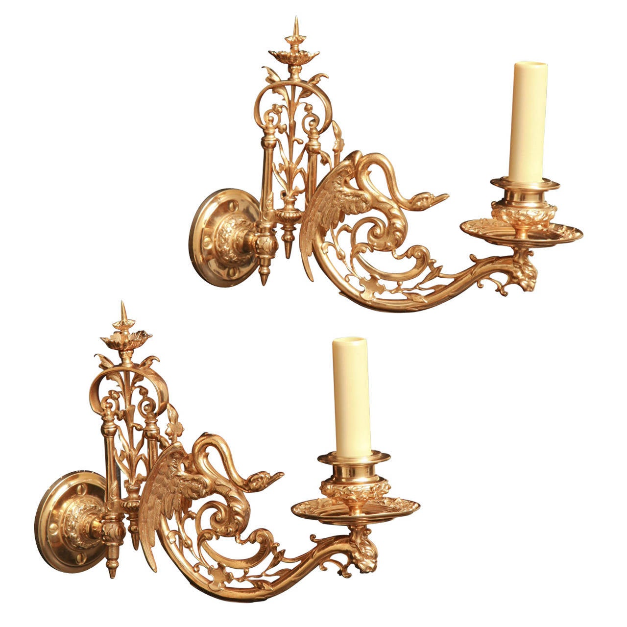 Pair of Napoleon III Swing Arm Sconces with Swan Motif by Barbedienne For Sale