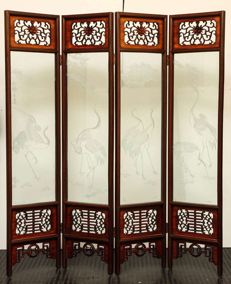 Chinese Chinoiserie Rosewood and Etched Glass Four Panel Screen For Sale