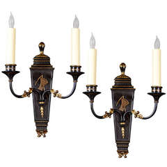 Polychromed wood, bronze and brass sconces by " E.F. CALDWELL"