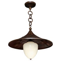 Antique Hammered Brass China Cap Pendant with Opaline Glass Shade