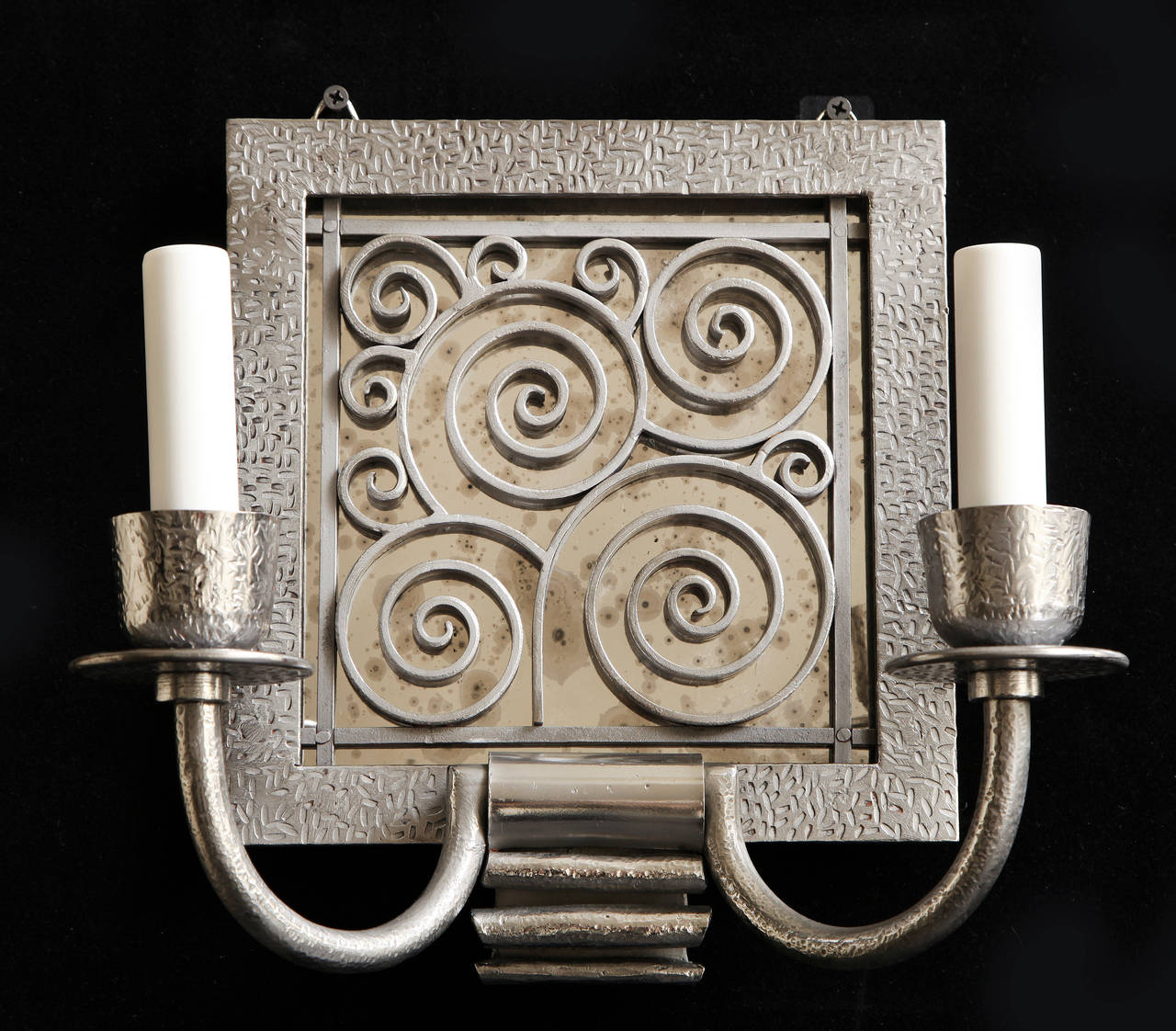 Hammered Iron Mirrored Back Sconces with Scrolled Decoration