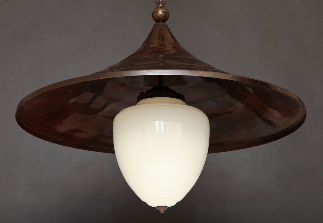 Hammered Brass China Cap Pendant with Opaline Glass Shade