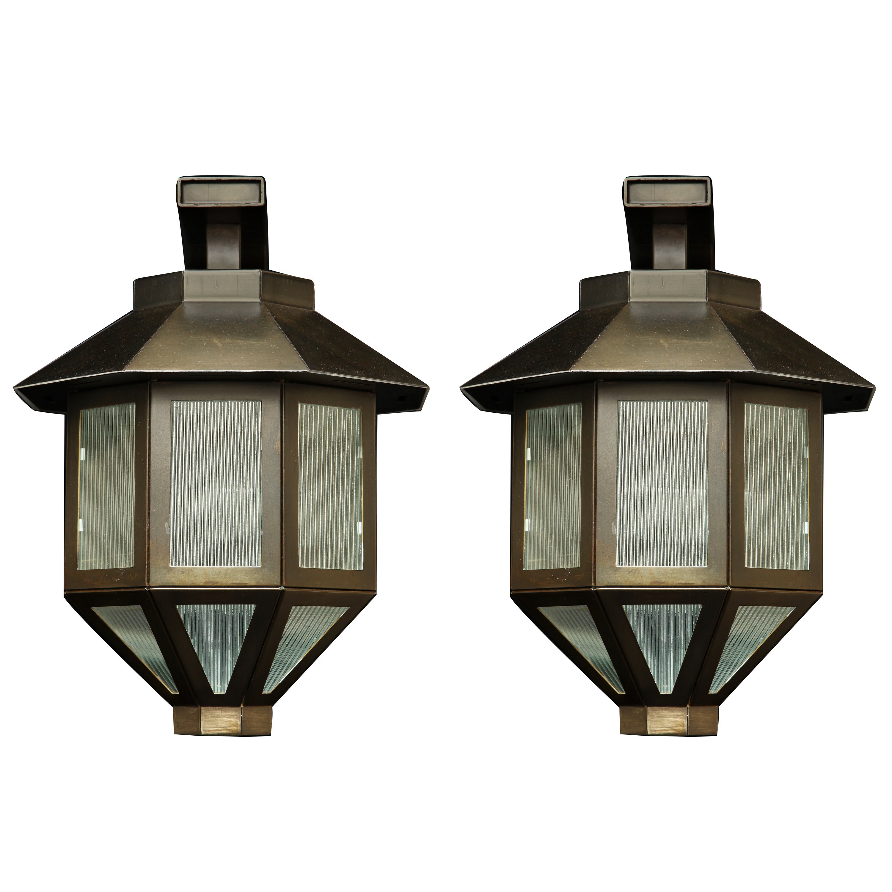 Mid Century Octagonal Lanterns with Halophane Glass Panels For Sale