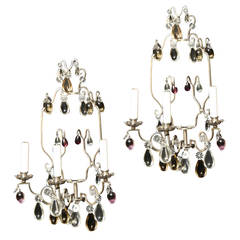 Silvered Bronze Sconces with Amethyst, Amber and Clear Crystal Trim