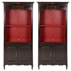 Pair of Ebonized Carved Wood Bookcases
