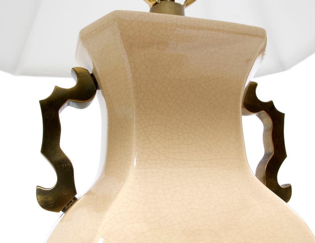 Ceramic urn table lamp by Paul Hanson, with brass details.  Shade is new; white fabric.