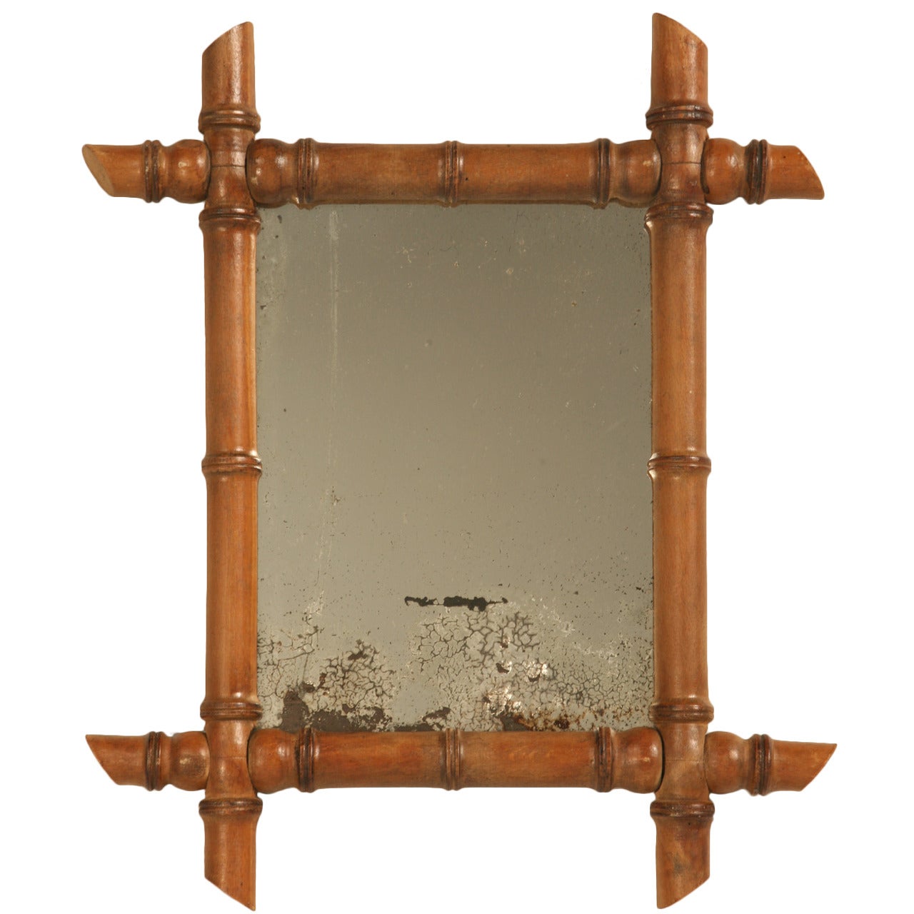 Petite Antique Continental Mirror in Faux Bamboo Frame Original Patina Glass