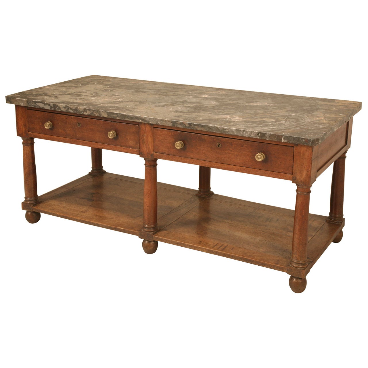 Circa 1810 Unrestored Antique French Empire 2 Drawer Mahogany Table with Shelf and Marble Top