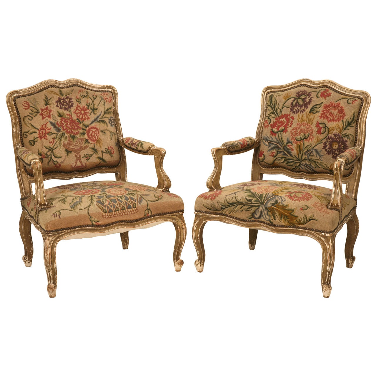 Wide Pair of Original Paint Antique Italian Armchairs with Needlepoint