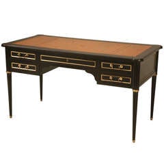 French Louis XVI Ebonized Mahogany Desk or Bureau Plat With Original Leather