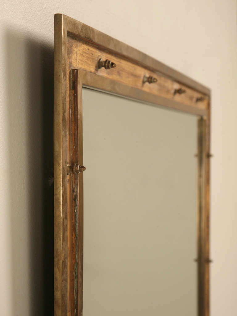 Gilt Vintage French Industrial Brass Mirror with Rivet Decoration