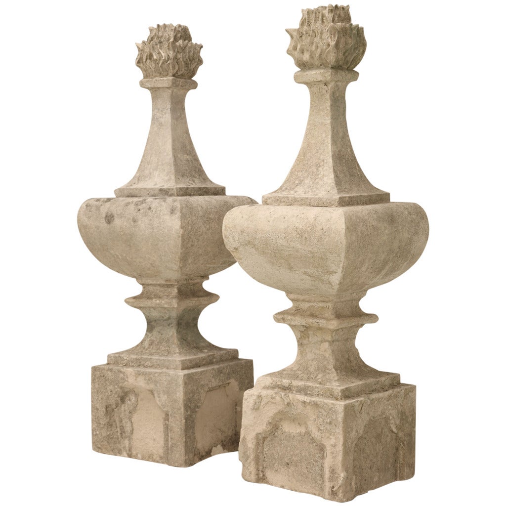 Pair of Original c.1820 Antique French Hand-Cut Stone Flaming Finials