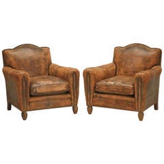 Pair of Original Vintage French Distressed Leather Club Chairs