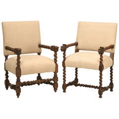 Two Similar Antique French Louis XIII Walnut Armchairs w/Barley Twist & Linen Upholstery