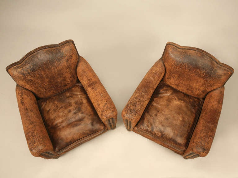 Pair of Original Vintage French Distressed Leather Club Chairs In Distressed Condition In Chicago, IL