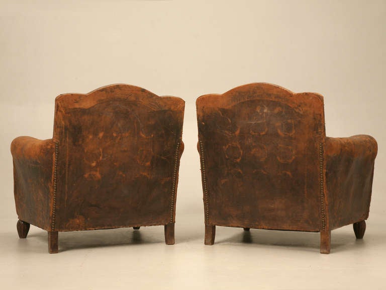 Pair of Original Vintage French Distressed Leather Club Chairs 6