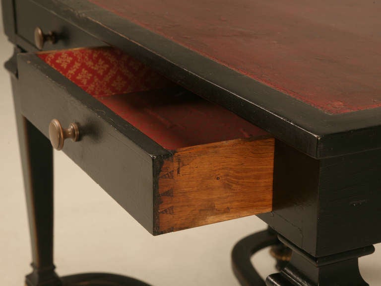 Embossed Petite circa 1880 French Napoleon III Black Lacquer Two-Drawer Writing Desk For Sale