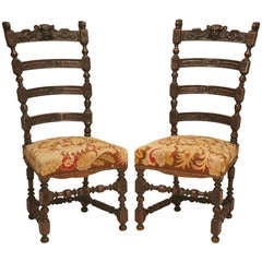 c.1840 Pair of Hand-Carved Ladder Back Chairs w/ Original Needlepoint
